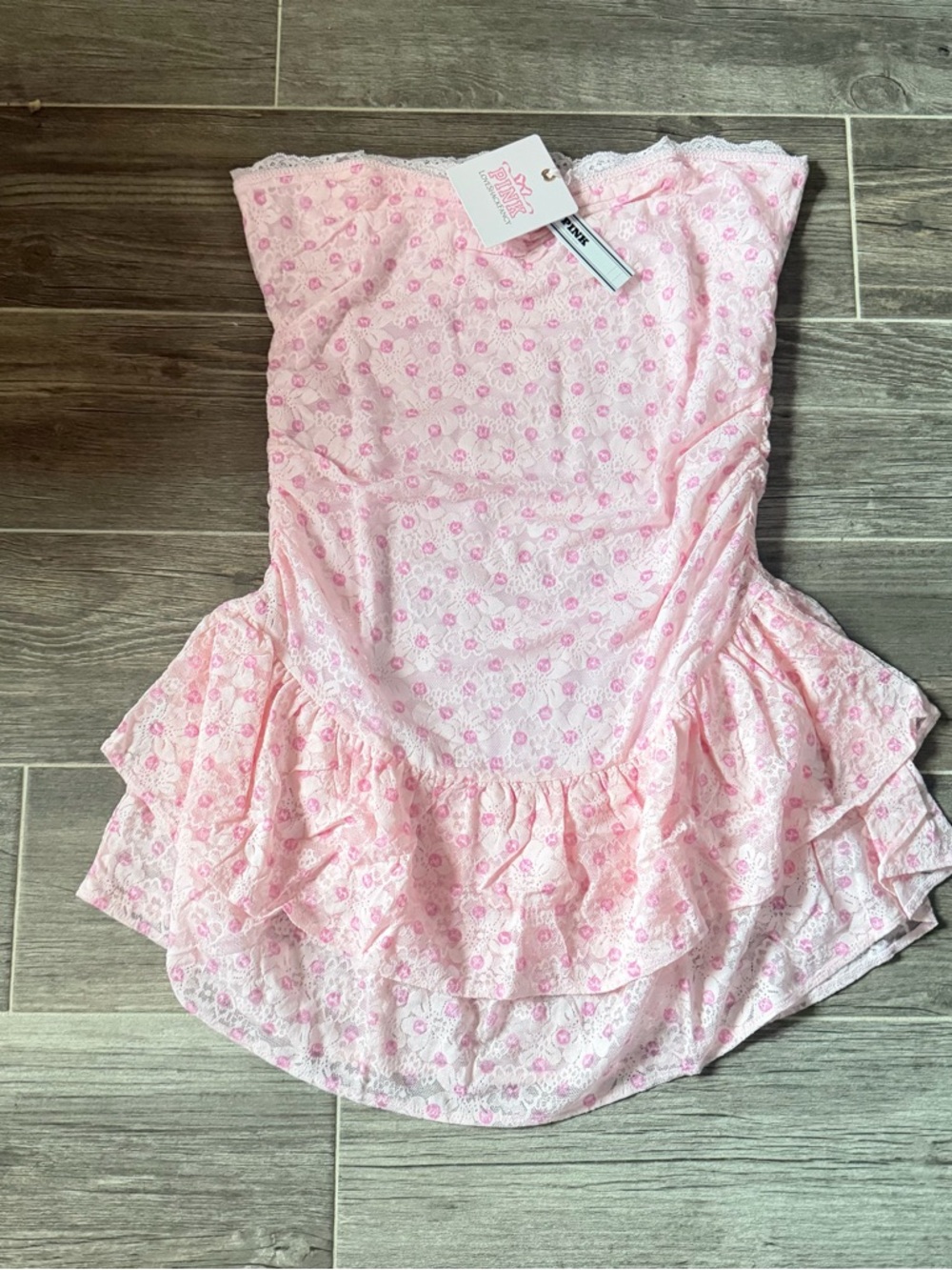 LoveShackFancy + Pink Icon Polka Dot Strapless Lace Mini Dress size Medium (NWT) - Picture 2 of 8